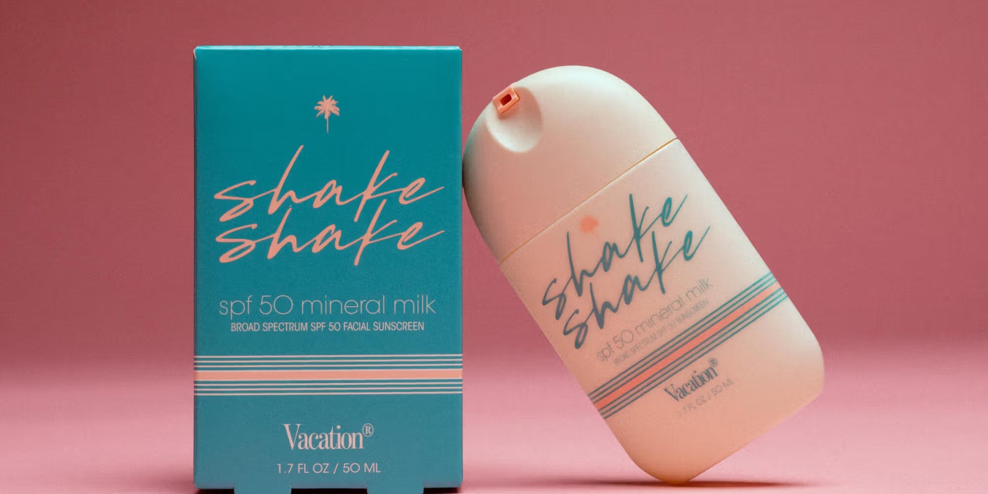 Shake Shake sunscreen bottle and packaging on a pink background